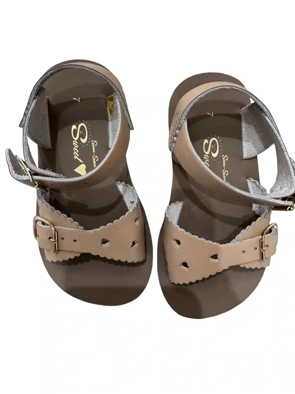 Girls Tan Buckle Sandals with Scalloped Trim